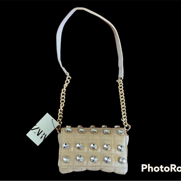 Zara Handbags - Zara crossbody bag. Tan with silver rhinestone bling. BNWT